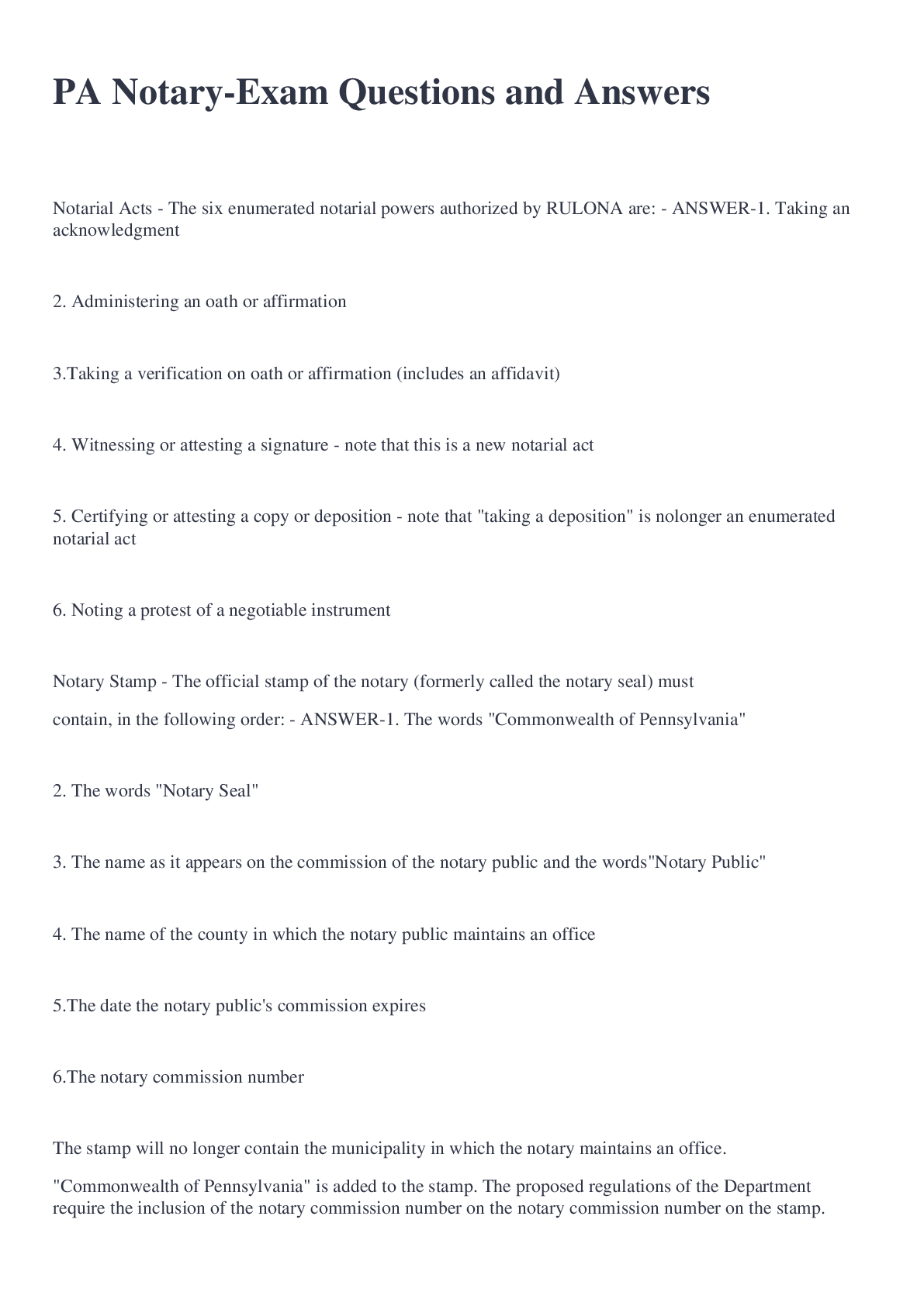 Preview image for PA Notary-Exam Questions and Answers